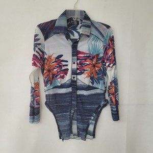 Petit‎ Pois Shirt Womens M Nylon Button Up Hawaiian Print Sheer Blouse